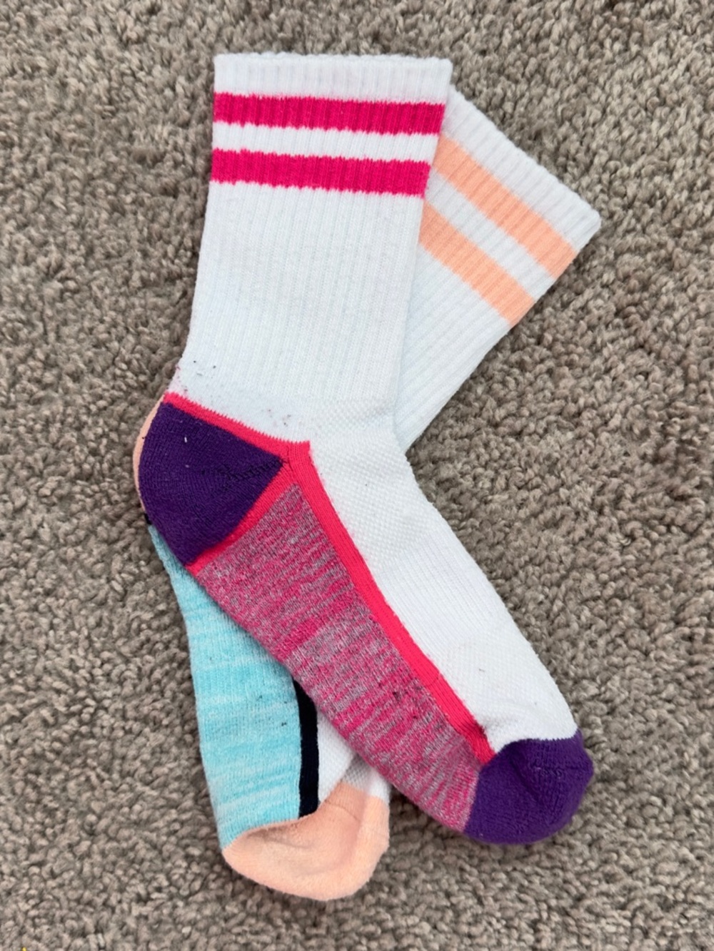 White Athletic mixed-matched Crew Socks with Pink, Purple and Peach Accents